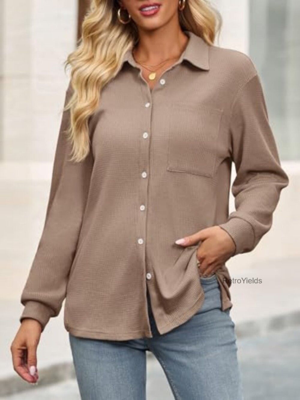 Waffle Knit Button Down Shirt Long Sleeve V Neck Blouse Loose Fit Work Top - Picture 2 of 7